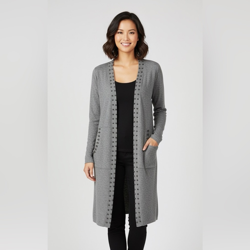 Coin 1804 Beaded Long Cardigan Sweater Duster Pockets Stretch Soft Lightweight L